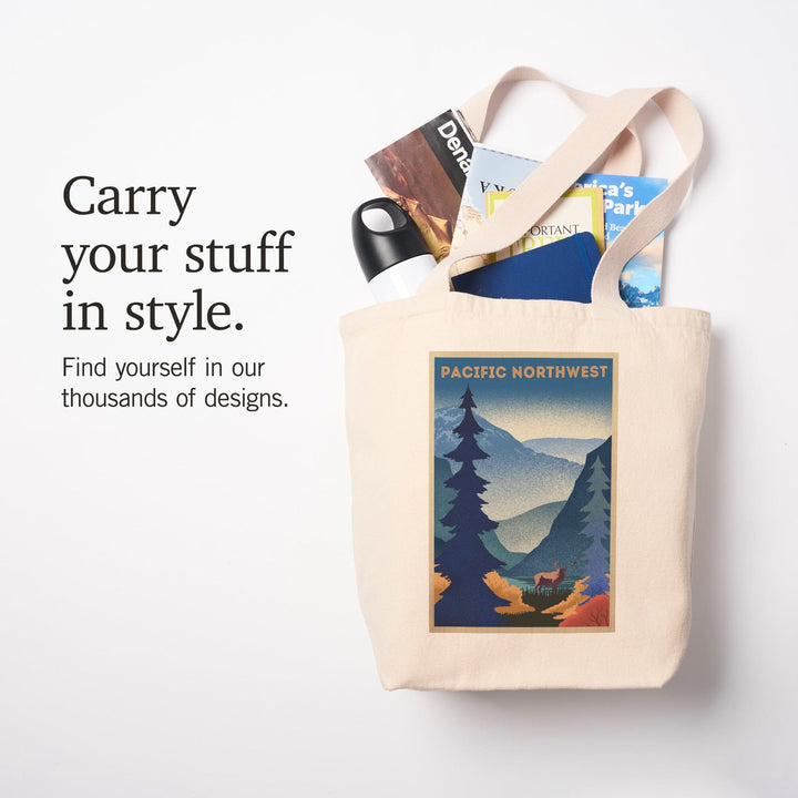 Pacific Northwest, Elk and Mountain Scene, Lithograph, Tote Bag Totes Lantern Press 