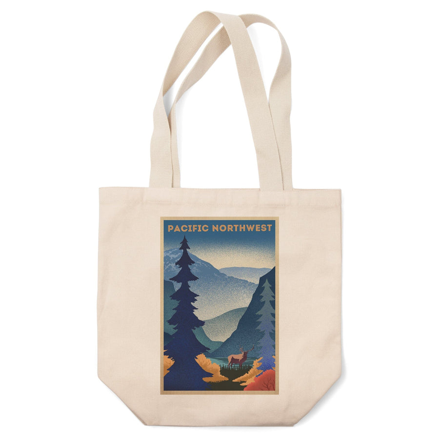 Pacific Northwest, Elk and Mountain Scene, Lithograph, Tote Bag Totes Lantern Press 