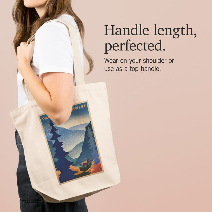Pacific Northwest, Elk and Mountain Scene, Lithograph, Tote Bag Totes Lantern Press 
