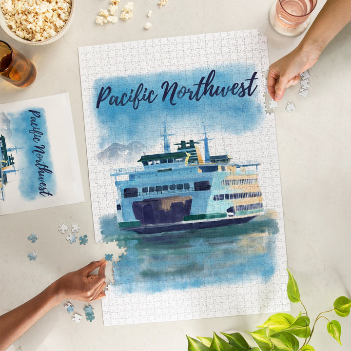 Pacific Northwest, Ferry, Watercolor, Jigsaw Puzzle Puzzle Lantern Press 