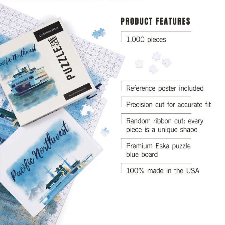 Pacific Northwest, Ferry, Watercolor, Jigsaw Puzzle Puzzle Lantern Press 