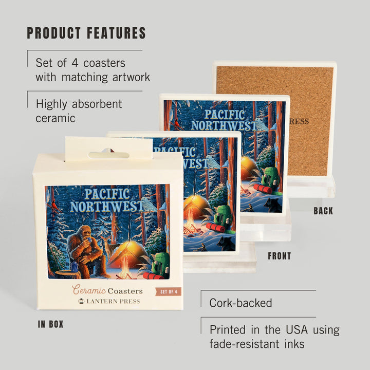 Pacific Northwest, Find Your Inner Squatch, Camping Bigfoot, Coasters Coasters Lantern Press 