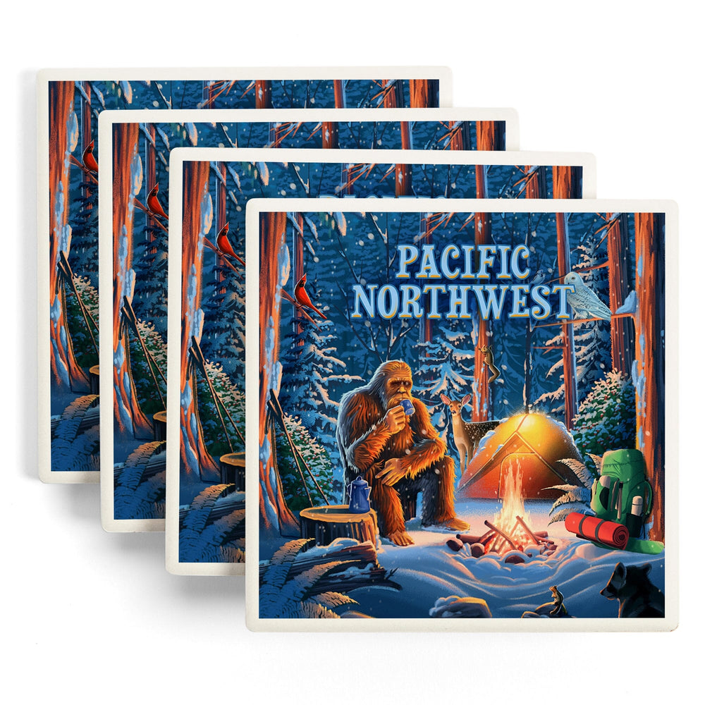 Pacific Northwest, Find Your Inner Squatch, Camping Bigfoot, Coasters Coasters Lantern Press 