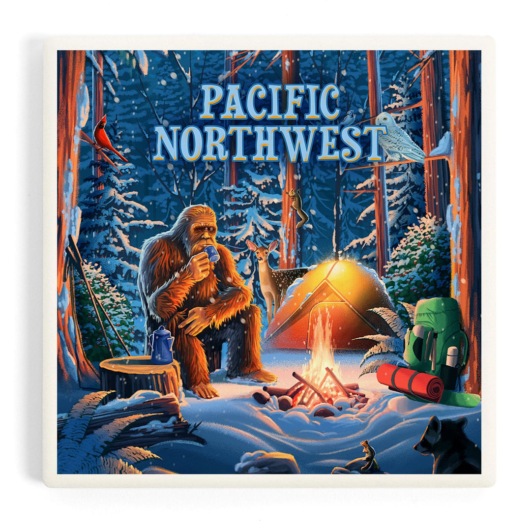 Pacific Northwest, Find Your Inner Squatch, Camping Bigfoot, Coasters Coasters Lantern Press 