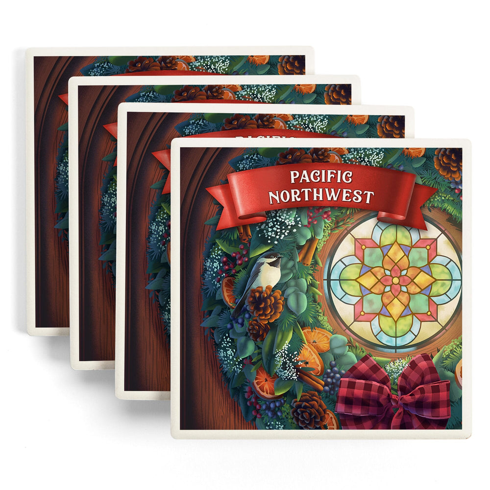 Pacific Northwest, Front Door with Christmas Wreath, Coasters Coasters Lantern Press 