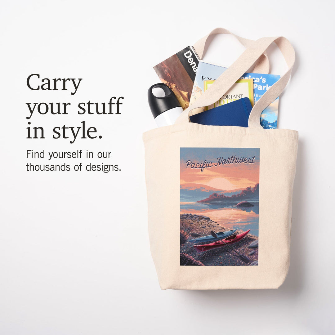 Pacific Northwest, Glassy Sunrise, Kayak, Tote Bag Totes Lantern Press 