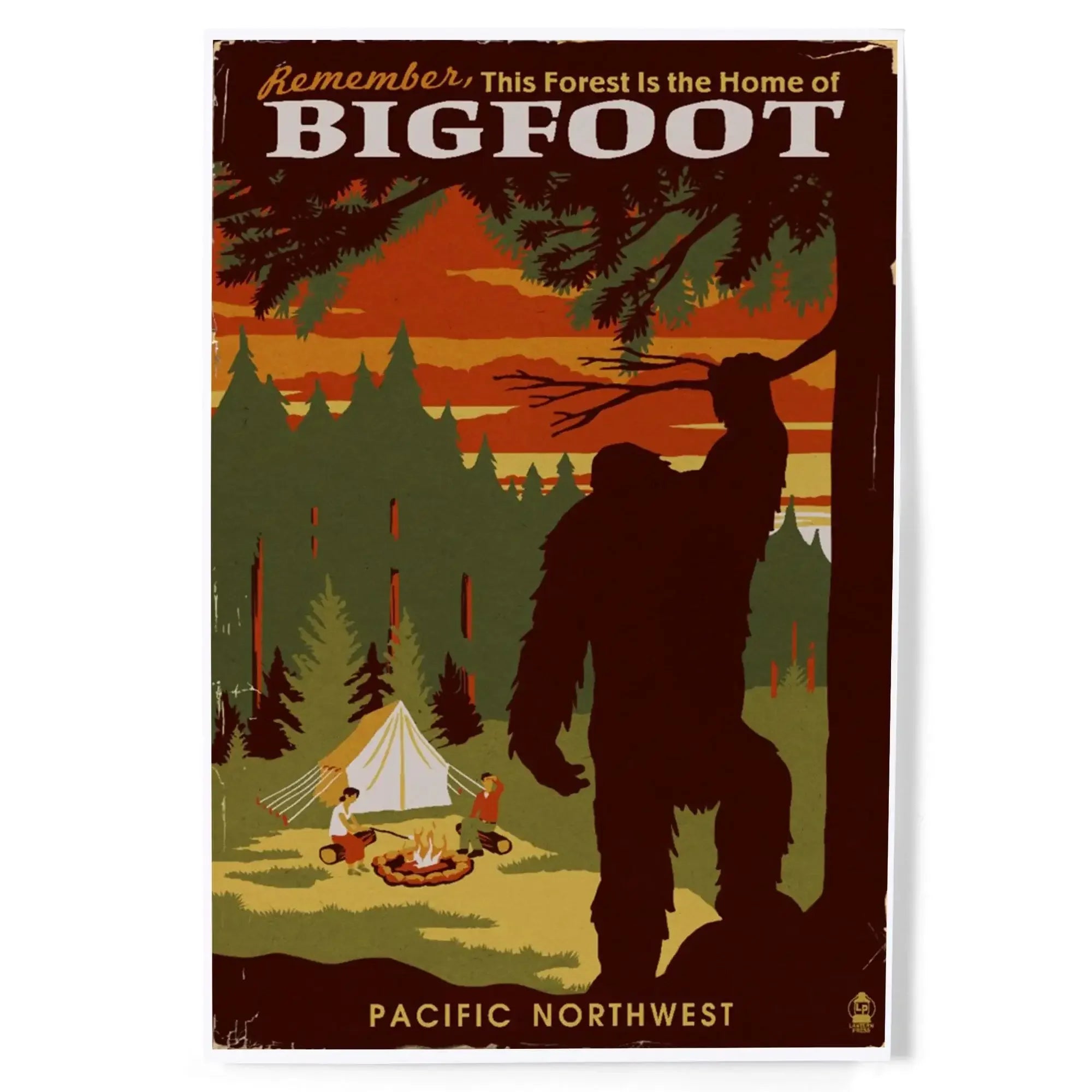 Pacific Northwest, Home of Bigfoot, WPA Style art prints, metal