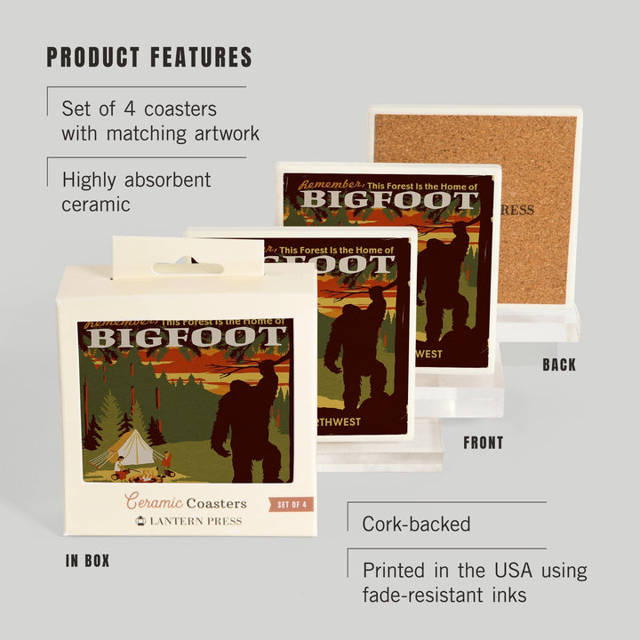 Pacific Northwest, Home of Bigfoot, WPA Style, Lantern Press Artwork, Coaster Set Coasters Lantern Press 