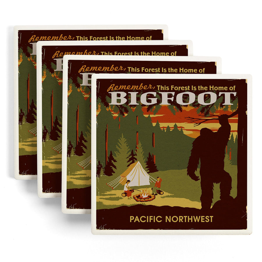 Pacific Northwest, Home of Bigfoot, WPA Style, Lantern Press Artwork, Coaster Set Coasters Lantern Press 