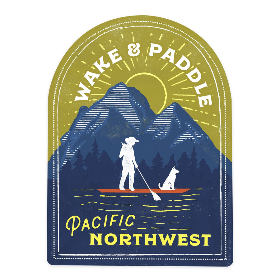 Pacific Northwest, Lake Life Series, Wake and Paddle, Landscape With Mountain, Contour, Vinyl Sticker Sticker Lantern Press 