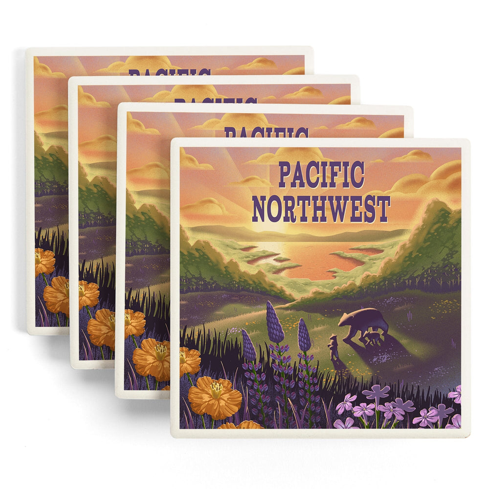 Pacific Northwest, Lithograph, Bear and Spring Flowers, Lake, Coasters Coasters Lantern Press 