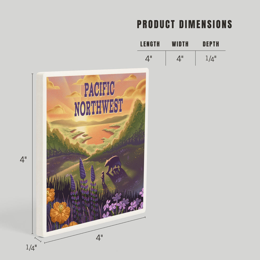 Pacific Northwest, Lithograph, Bear and Spring Flowers, Lake, Coasters Coasters Lantern Press 