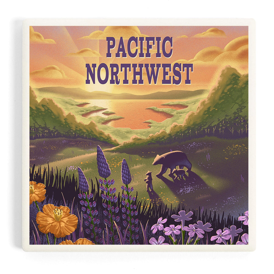 Pacific Northwest, Lithograph, Bear and Spring Flowers, Lake, Coasters Coasters Lantern Press 