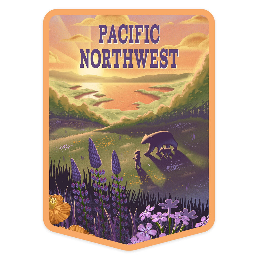 Pacific Northwest, Lithograph, Bear and Spring Flowers, Lake, Contour, Vinyl Sticker Sticker Lantern Press 