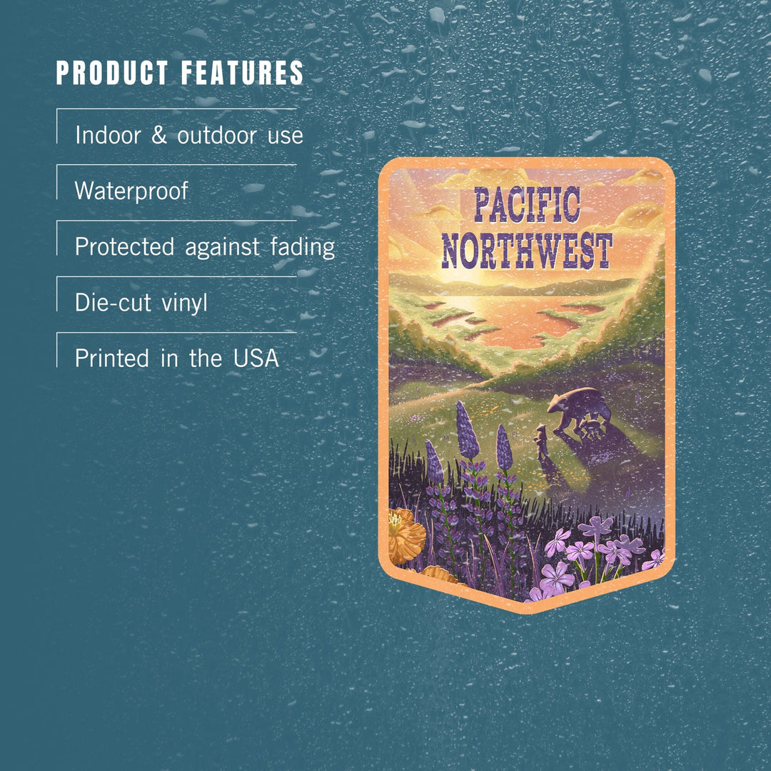 Pacific Northwest, Lithograph, Bear and Spring Flowers, Lake, Contour, Vinyl Sticker Sticker Lantern Press 