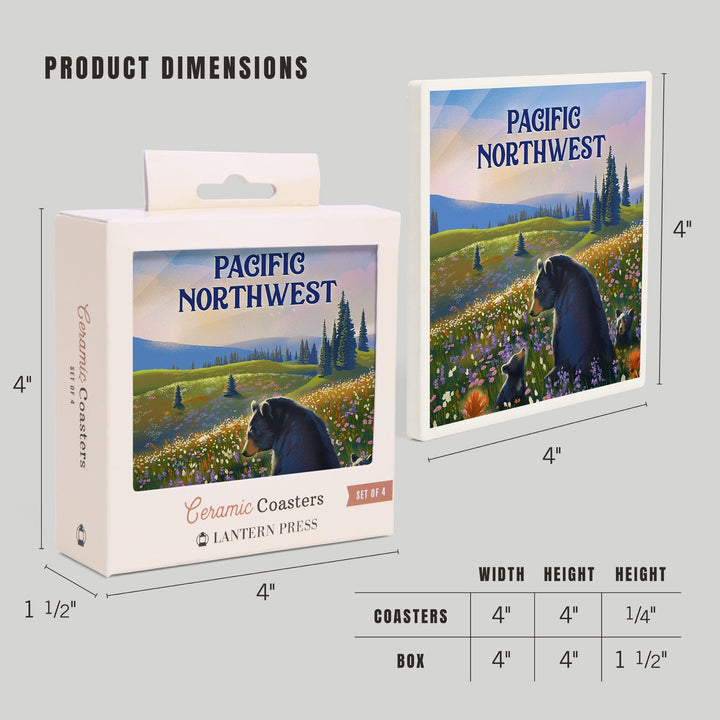 Pacific Northwest, Lithograph, Bear Family in Field, Coasters Coasters Lantern Press 