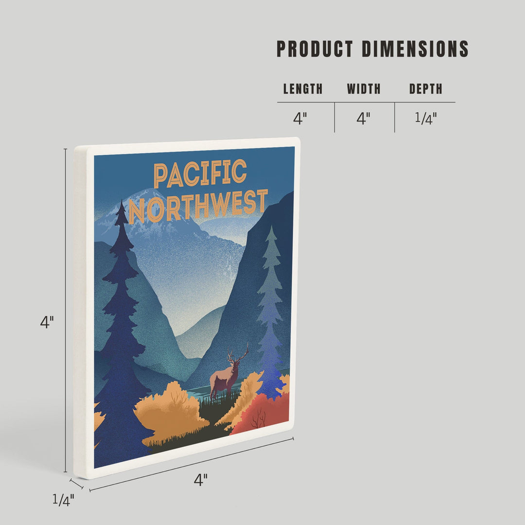 Pacific Northwest, Lithograph, Elk and Mountains Scene, Coasters Coasters Lantern Press 