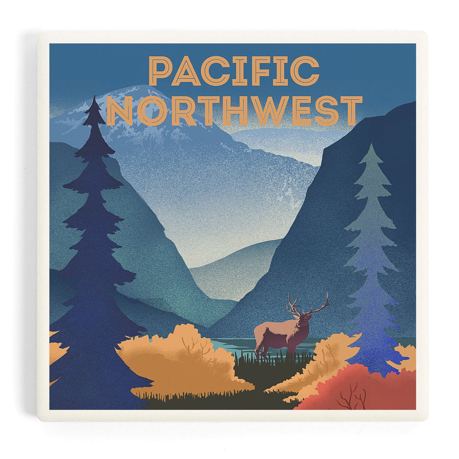 Pacific Northwest, Lithograph, Elk and Mountains Scene, Coasters Coasters Lantern Press 