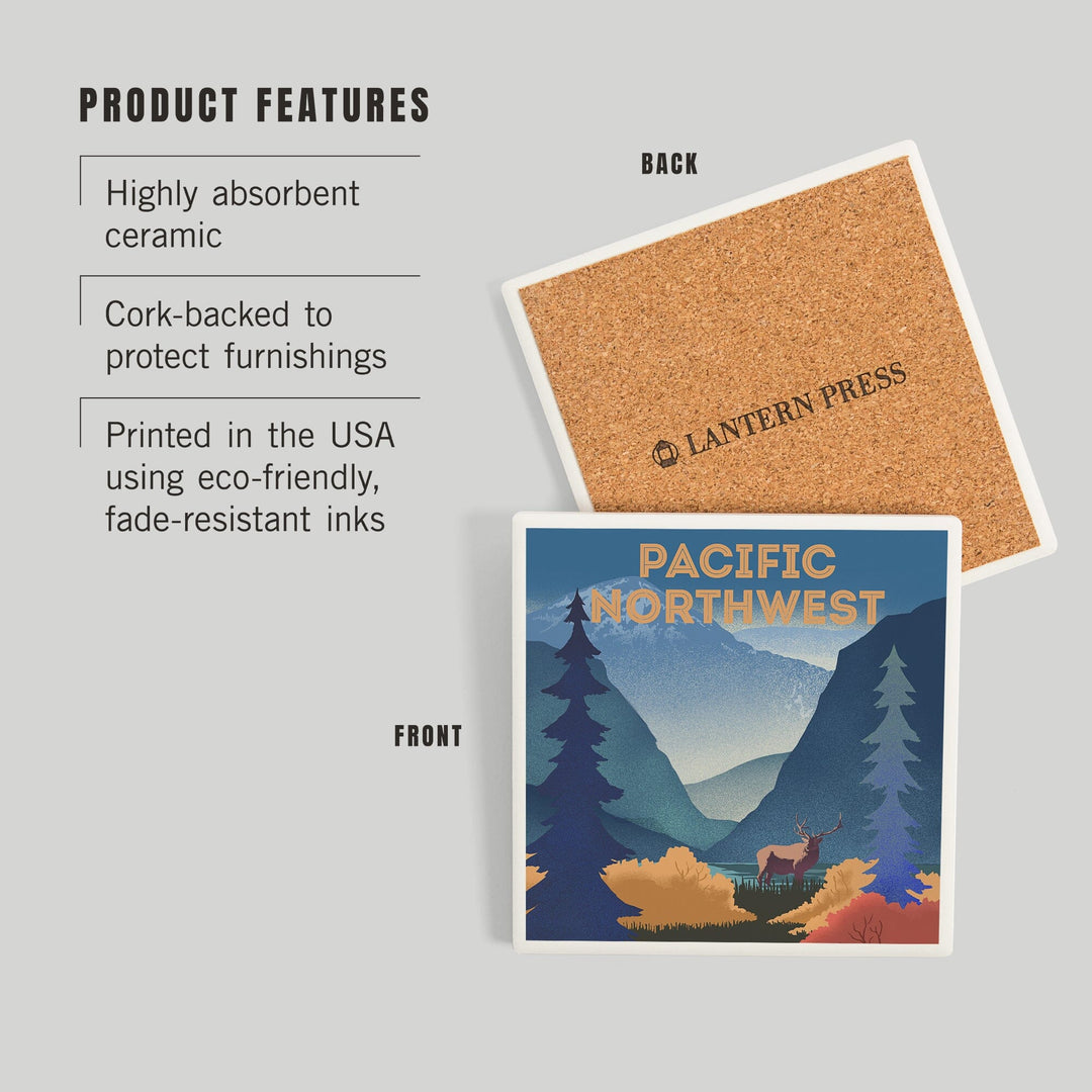 Pacific Northwest, Lithograph, Elk and Mountains Scene, Coasters Coasters Lantern Press 