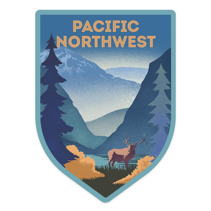 Pacific Northwest, Lithograph, Elk and Mountains Scene, Contour, Vinyl Sticker Sticker Lantern Press 