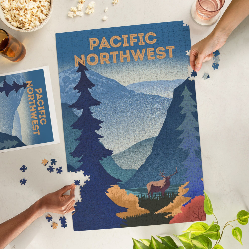 Pacific Northwest, Lithograph, Elk and Mountains Scene, Jigsaw Puzzle Puzzle Lantern Press 