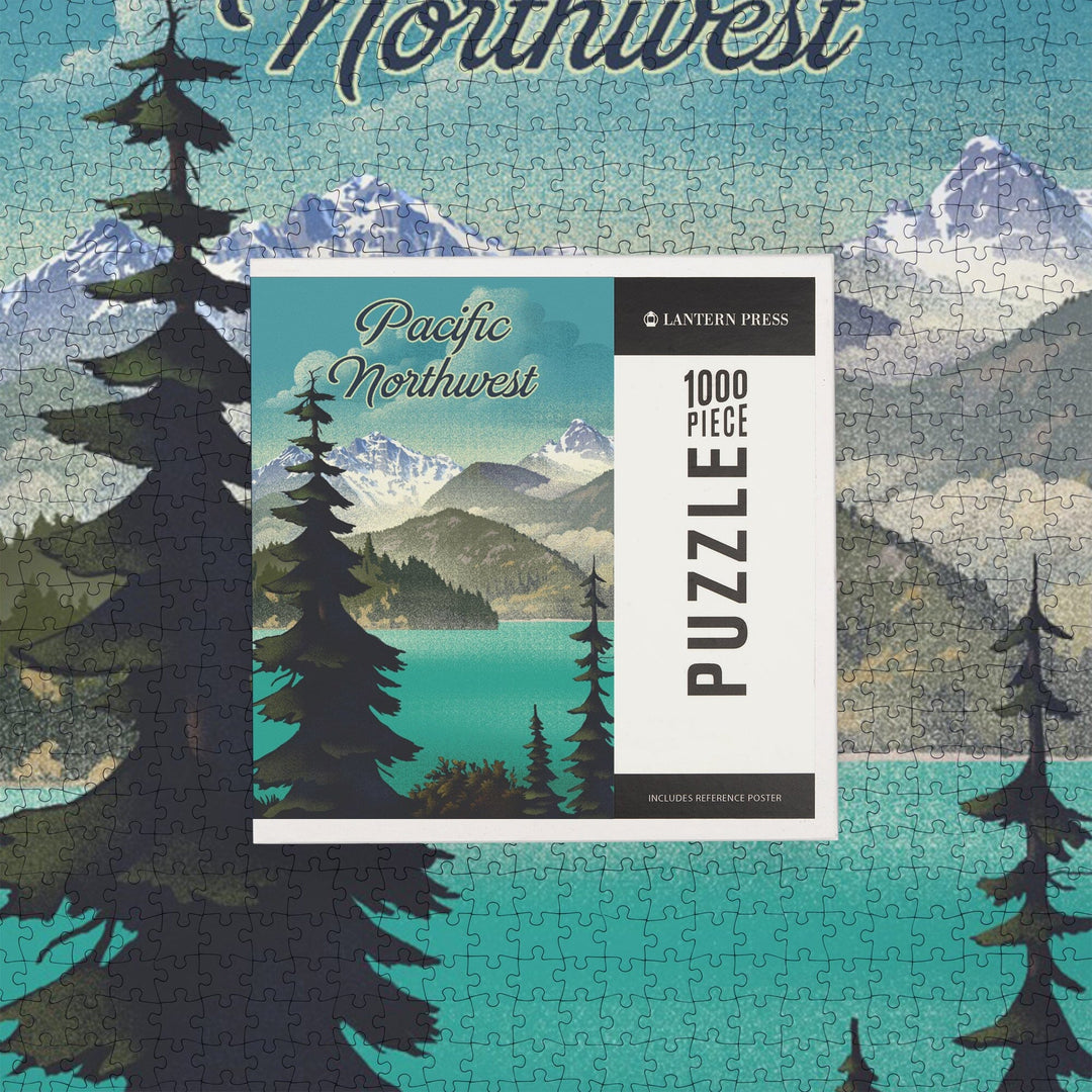 Pacific Northwest, Lithograph, Lake and Mountain Scene, Jigsaw Puzzle Puzzle Lantern Press 