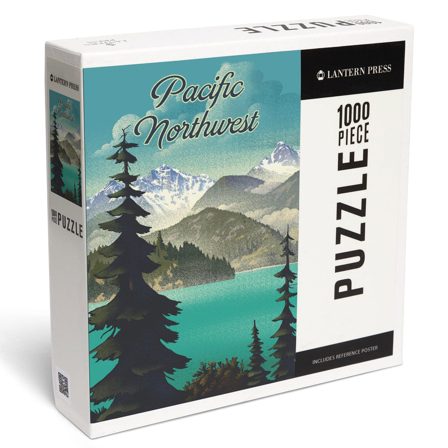 Pacific Northwest, Lithograph, Lake and Mountain Scene, Jigsaw Puzzle Puzzle Lantern Press 