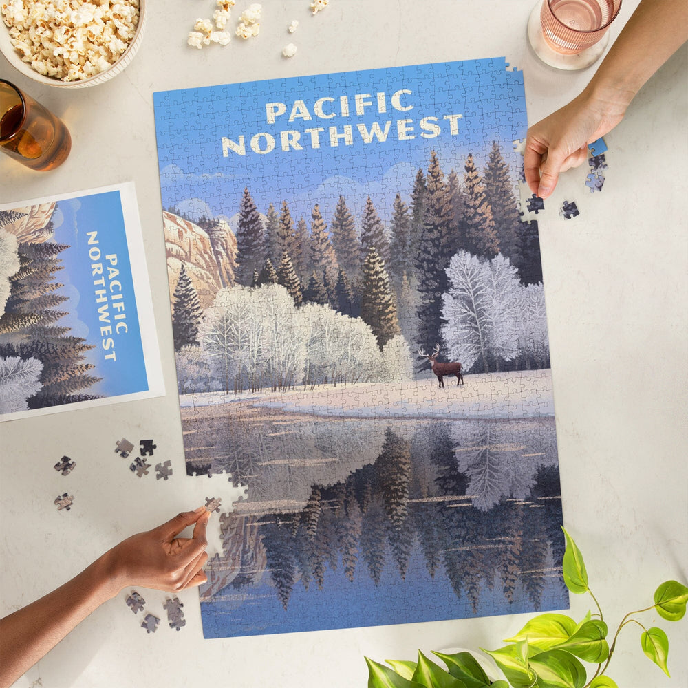 Pacific Northwest, Lithograph, Lone Deer By Snowy Lake, Jigsaw Puzzle Puzzle Lantern Press 