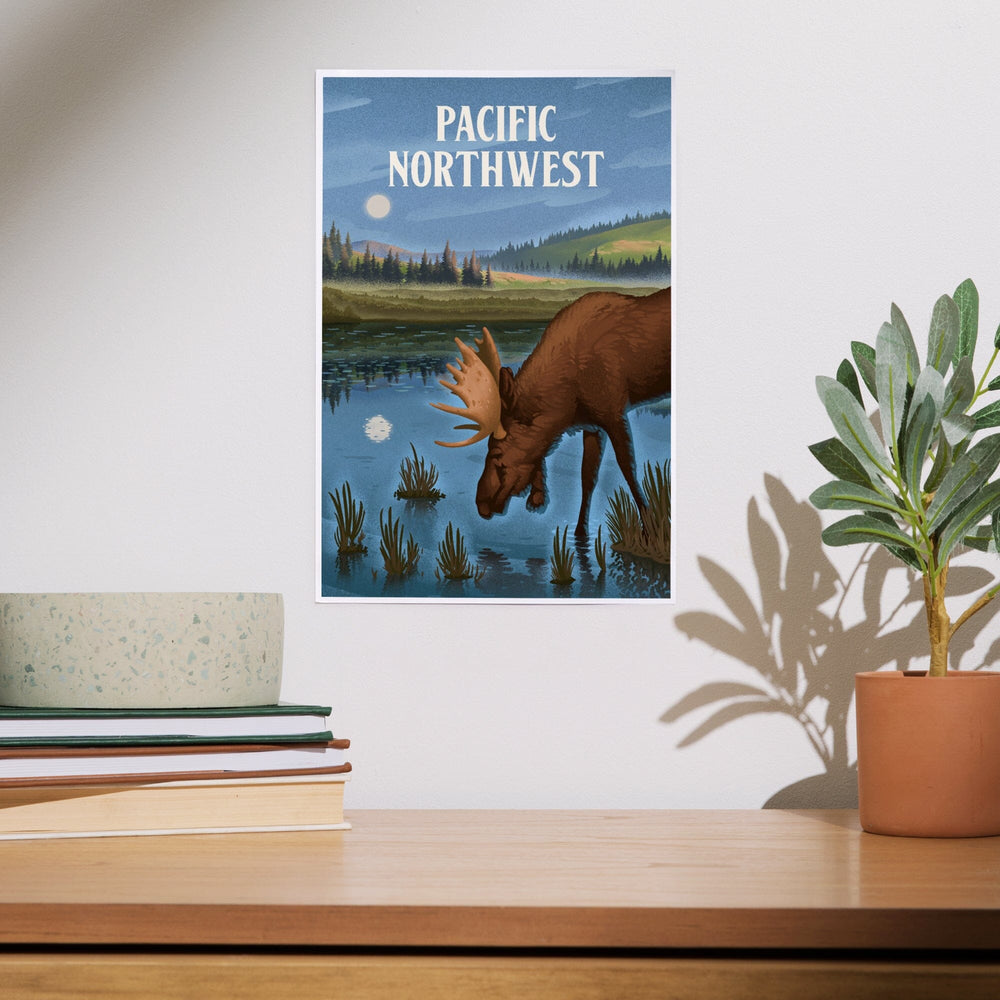 Pacific Northwest, Lithograph, Reflection Pond and Bull Moose, Art & Giclee Prints Art Lantern Press 
