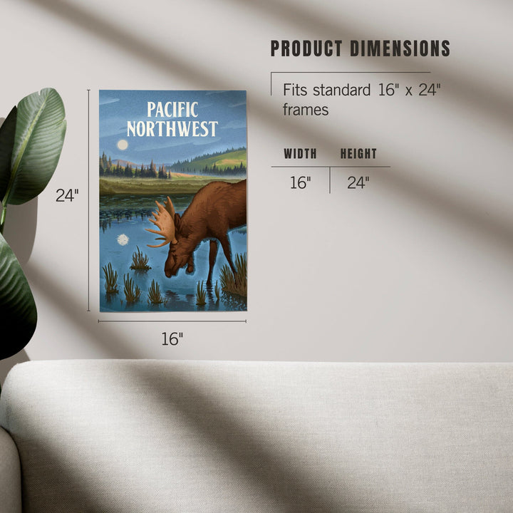 Pacific Northwest, Lithograph, Reflection Pond and Bull Moose, Art & Giclee Prints Art Lantern Press 
