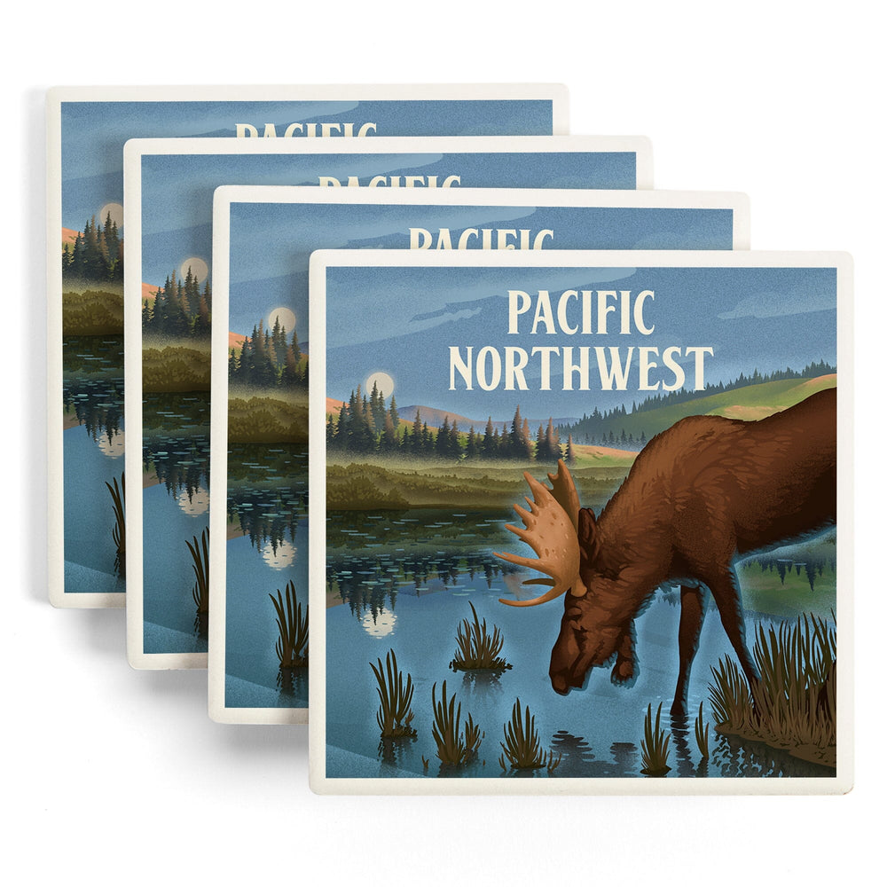 Pacific Northwest, Lithograph, Reflection Pond and Bull Moose, Coasters Coasters Lantern Press 