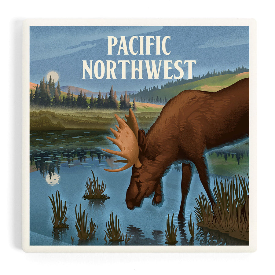 Pacific Northwest, Lithograph, Reflection Pond and Bull Moose, Coasters Coasters Lantern Press 