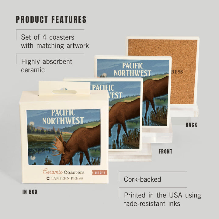 Pacific Northwest, Lithograph, Reflection Pond and Bull Moose, Coasters Coasters Lantern Press 