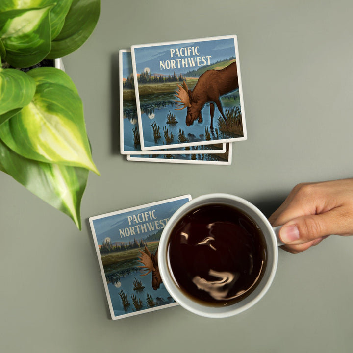 Pacific Northwest, Lithograph, Reflection Pond and Bull Moose, Coasters Coasters Lantern Press 
