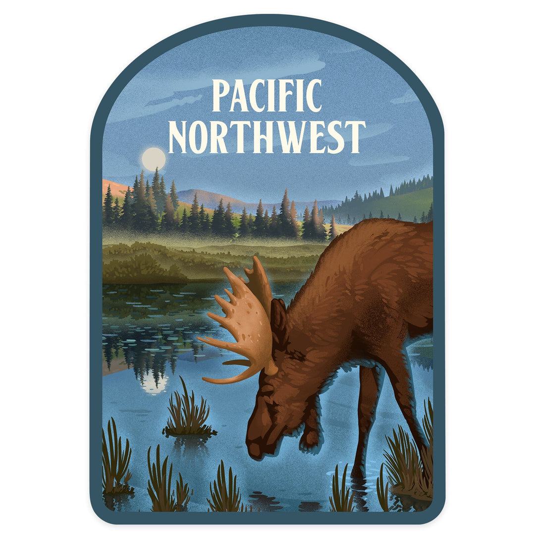 Pacific Northwest, Lithograph, Reflection Pond and Bull Moose, Contour, Vinyl Sticker Sticker Lantern Press 