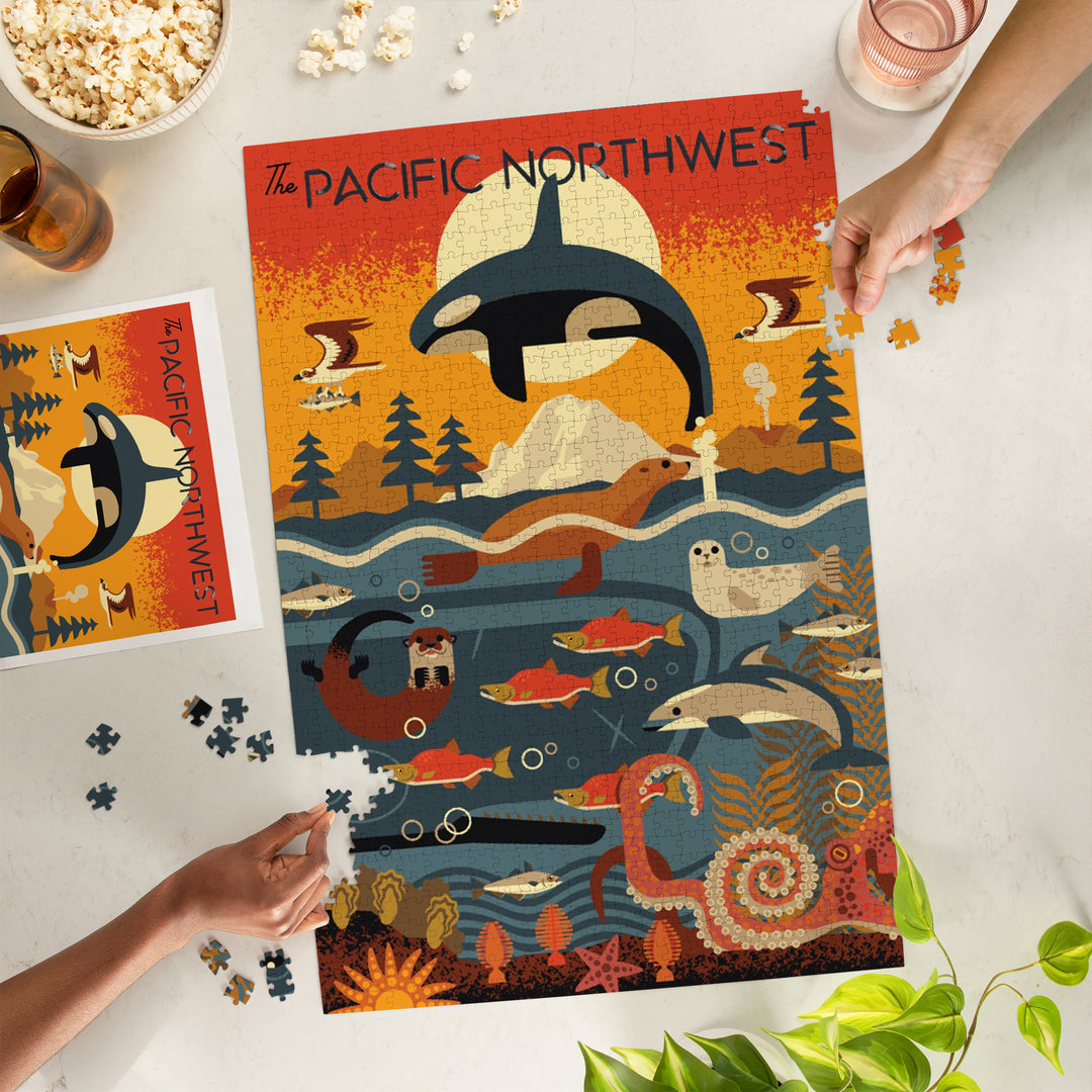Pacific Northwest, Marine Animals, Geometric, Jigsaw Puzzle Puzzle Lantern Press 