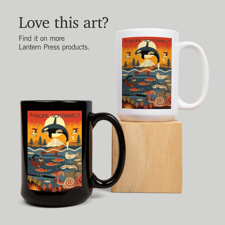 Pacific Northwest, Marine Animals, Geometric, Lantern Press Artwork, Ceramic Mug Mugs Lantern Press 
