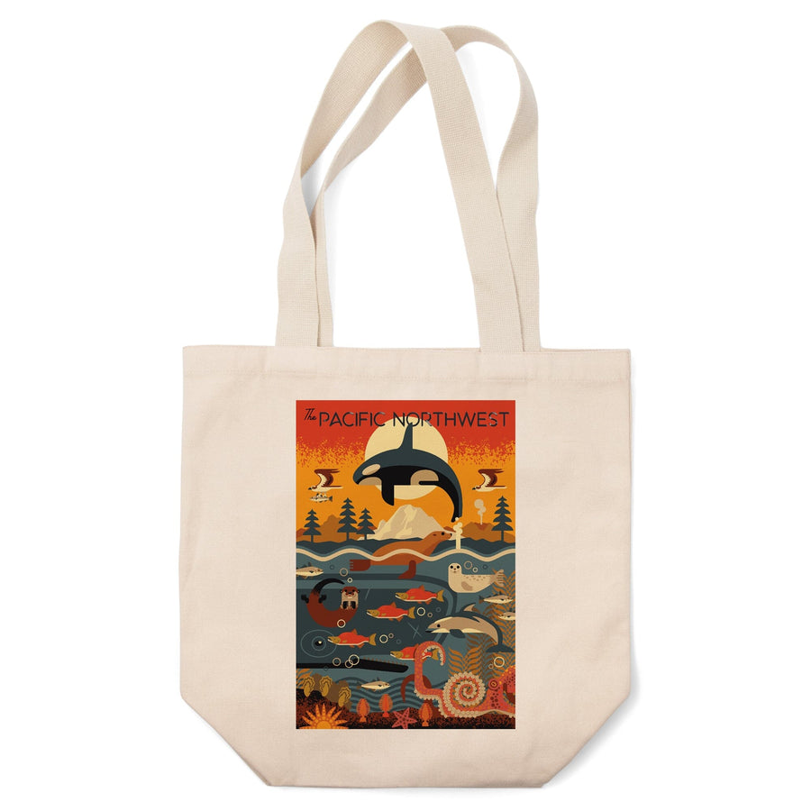 Pacific Northwest, Marine Animals, Geometric, Lantern Press Artwork, Tote Bag Totes Lantern Press 