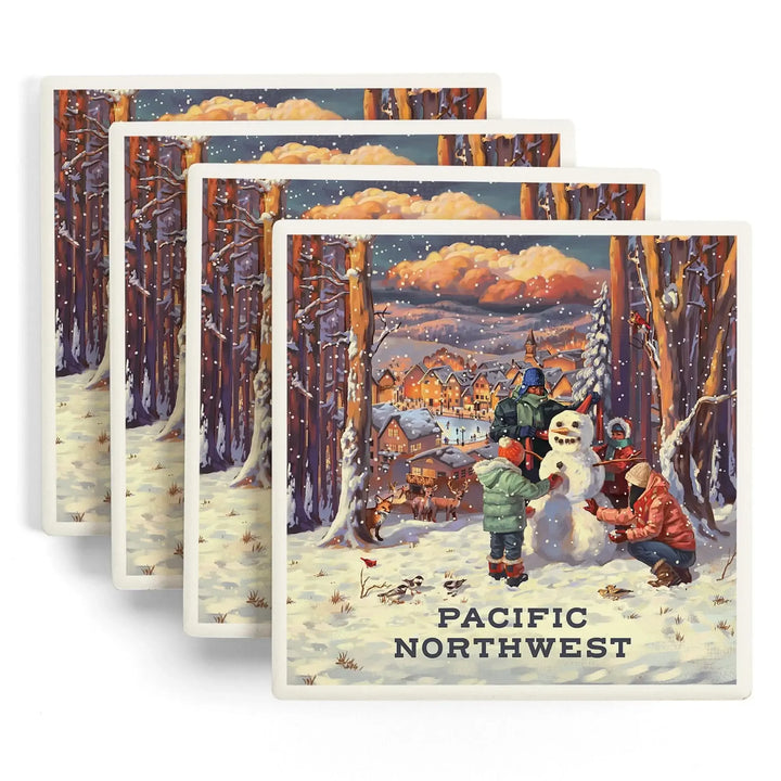Pacific Northwest, Merry and Bright, Vintage Snowman, Coasters Coasters Lantern Press 