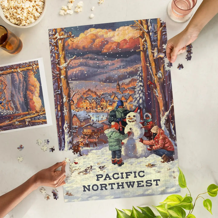 Pacific Northwest, Merry and Bright, Vintage Snowman, Jigsaw Puzzle Puzzle Lantern Press 