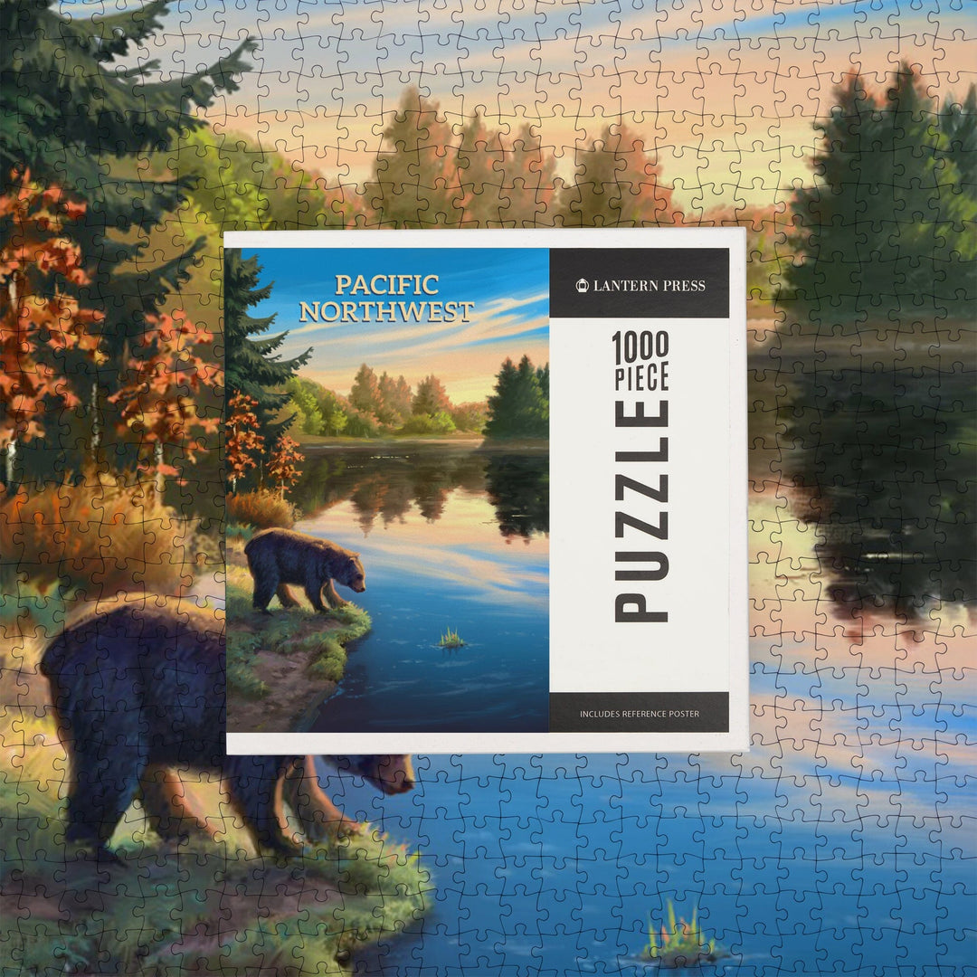 Pacific Northwest, Oil Painting, Bear By Lake At Sunrise, Jigsaw Puzzle Puzzle Lantern Press 