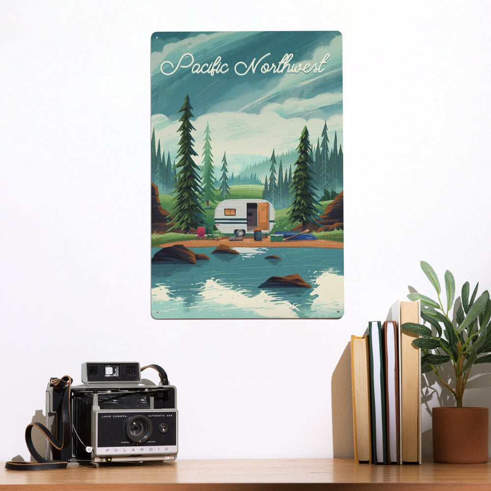 Pacific Northwest, Outdoor Activity, At Home Anywhere, Camper in Evergreens, Metal Signs Metal Lantern Press 