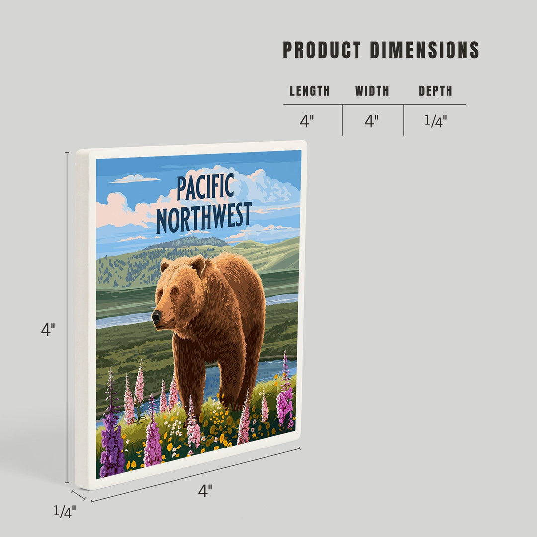 Pacific Northwest, Painterly, Grizzly Bear in Meadow, Coasters Coasters Lantern Press 