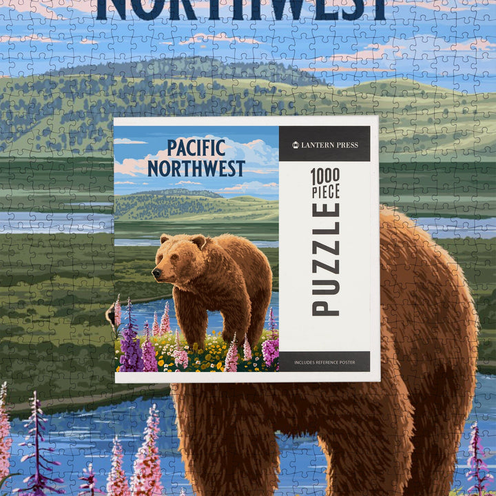 Pacific Northwest, Painterly, Grizzly Bear in Meadow, Jigsaw Puzzle Puzzle Lantern Press 