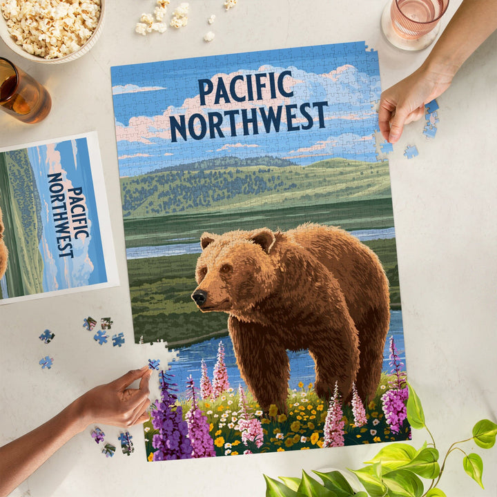 Pacific Northwest, Painterly, Grizzly Bear in Meadow, Jigsaw Puzzle Puzzle Lantern Press 