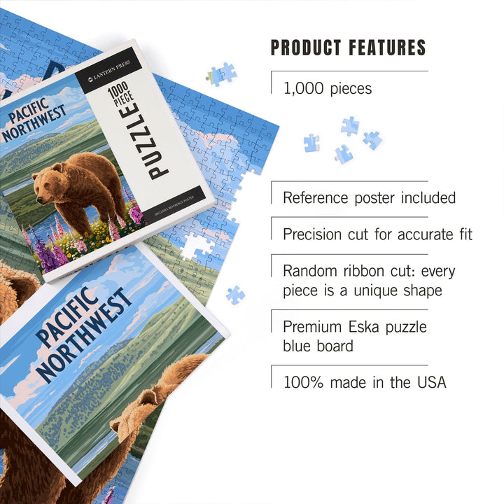 Pacific Northwest, Painterly, Grizzly Bear in Meadow, Jigsaw Puzzle Puzzle Lantern Press 
