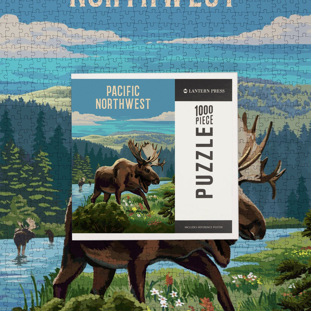 Pacific Northwest, Painterly, Moose and Wildflowers, Jigsaw Puzzle Puzzle Lantern Press 