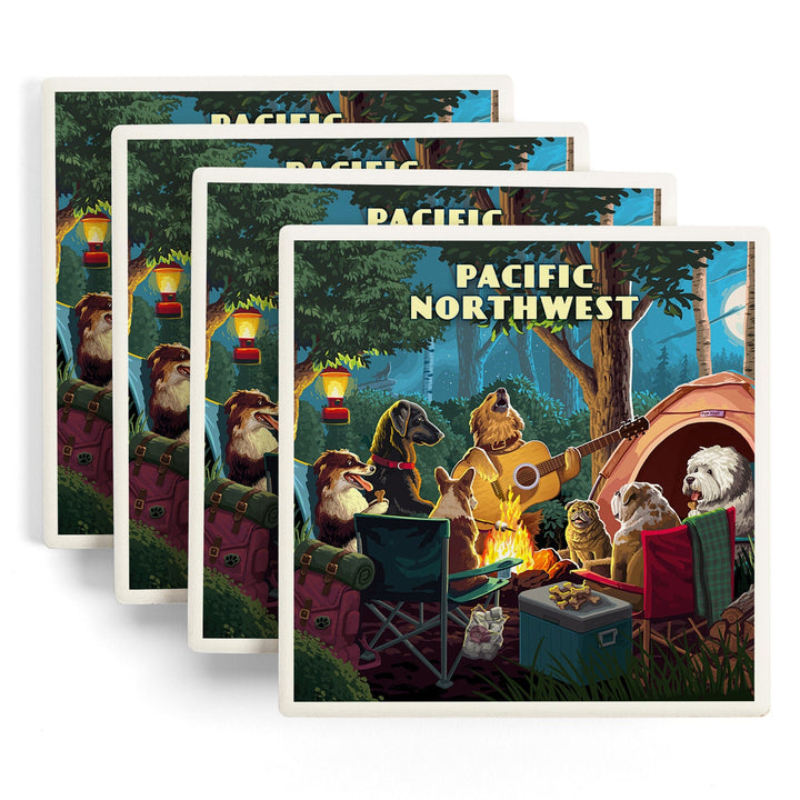 Pacific Northwest, Painterly, Pack Life, Dogs Around Campfire, Coasters Coasters Lantern Press 