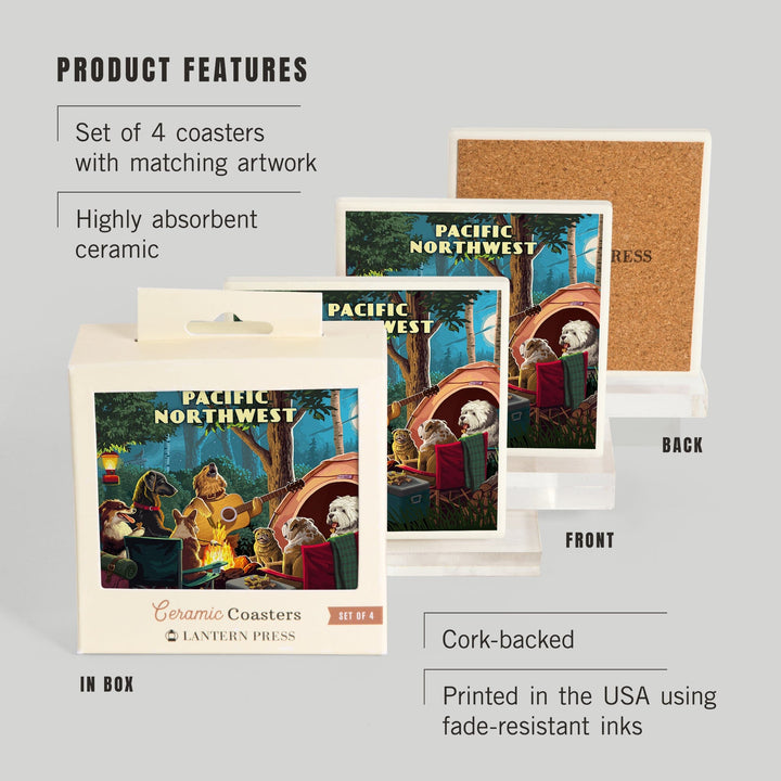 Pacific Northwest, Painterly, Pack Life, Dogs Around Campfire, Coasters Coasters Lantern Press 