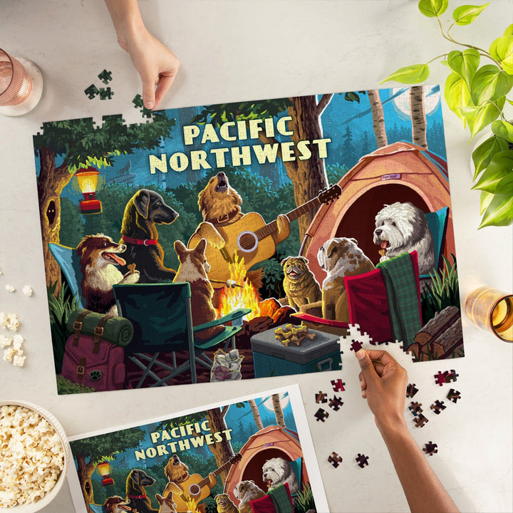Pacific Northwest, Painterly, Pack Life, Dogs Around Campfire, Jigsaw Puzzle Puzzle Lantern Press 